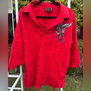 Red Embroidered Winged Crest Button-Up Shirt
